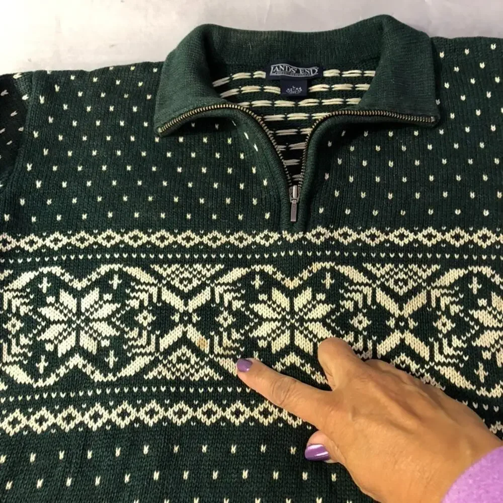 Vintage Nordic Snowflake‎ 1/4 Zip Pullover Sweater Land's End Large Forest Green